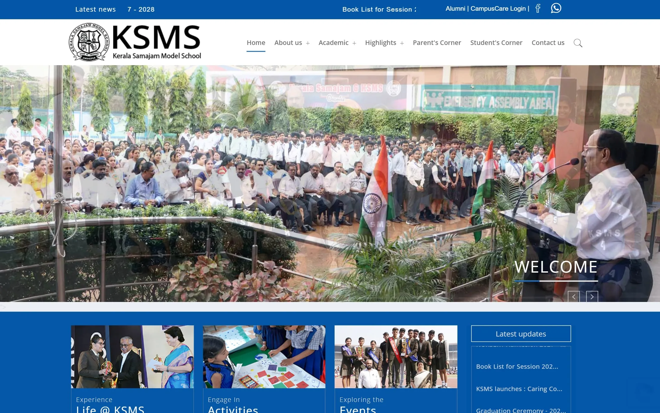 Homepage of ksms.ac.in with the school logo and a campus assembly photograph