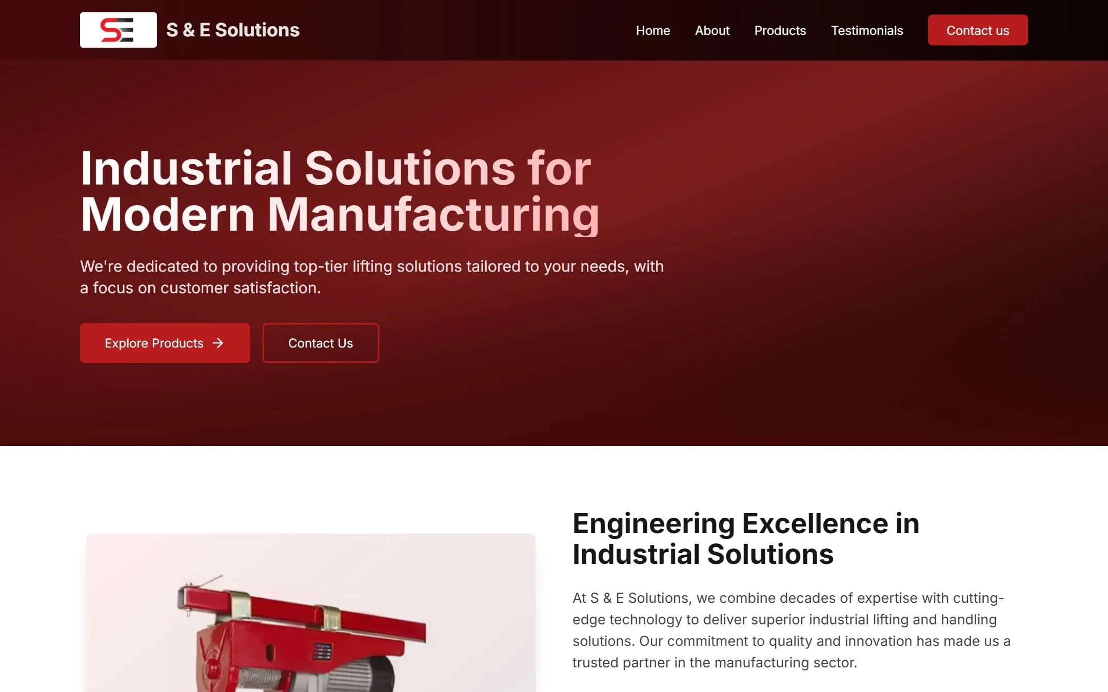 Homepage of sesolutions.in with the headline Industrial Solutions for Modern Manufacturing