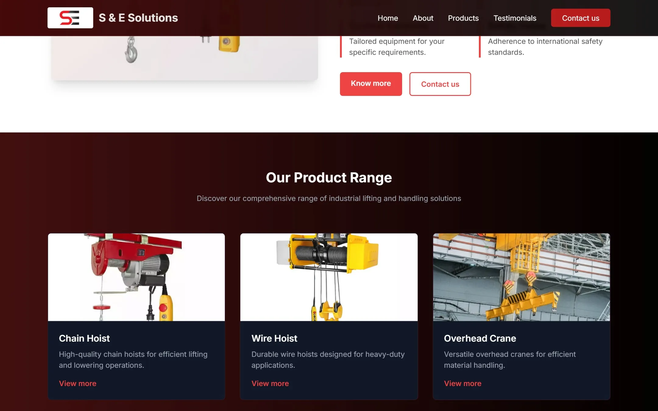 Product range section of sesolutions.in