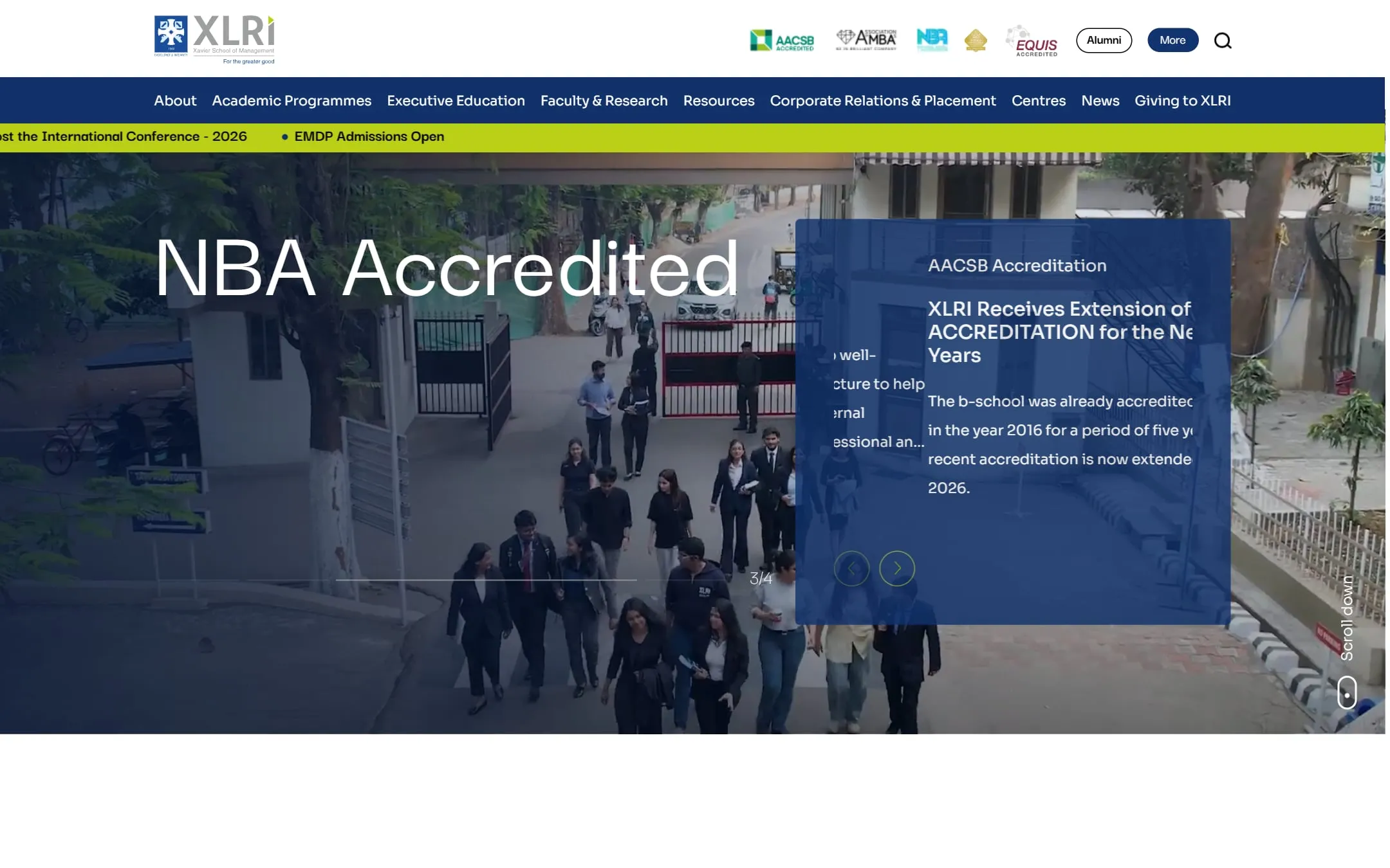 Homepage of xlri.ac.in showing the main navigation and a campus hero image