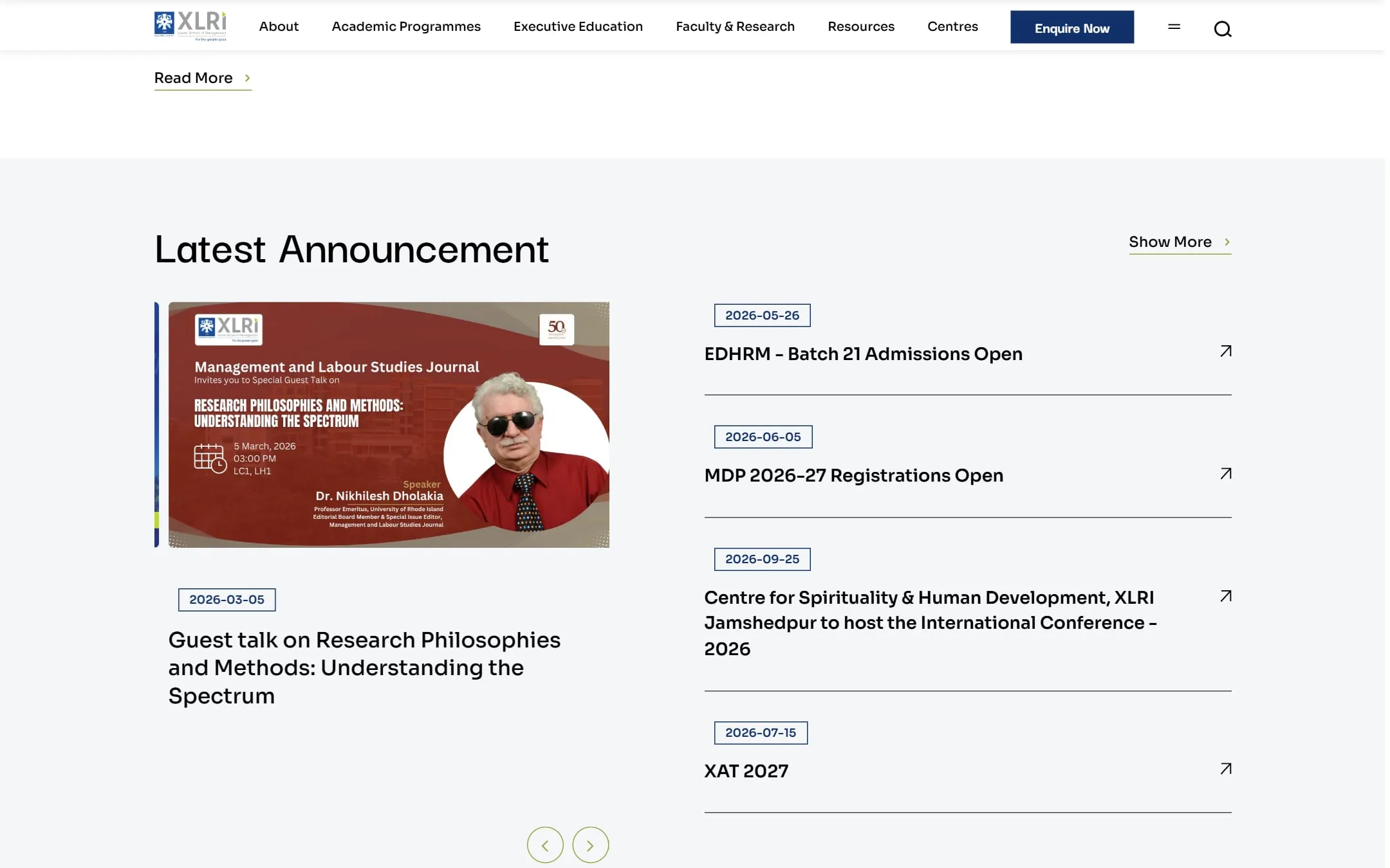 Latest announcements section on xlri.ac.in